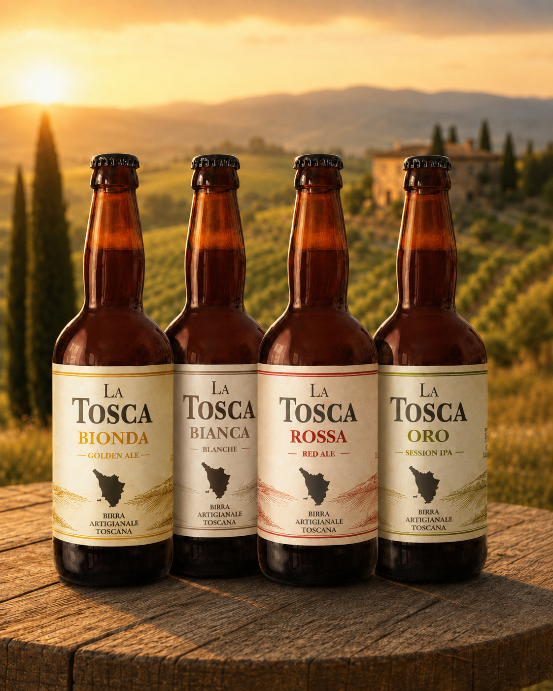 Le quattro birre La Tosca: Bionda, Bianca, Rossa e Oro